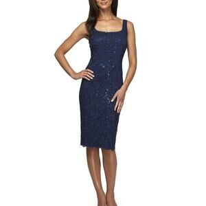 Alex Evenings Navy Blue Sequin Tea Length Dress Sleeveless Stretchy Women's 10